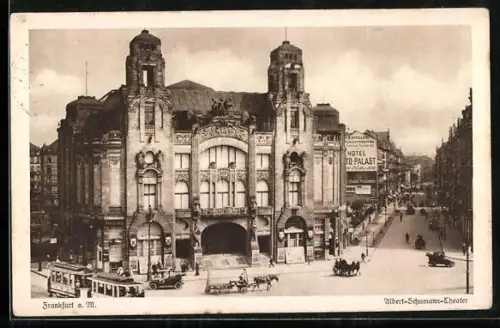 AK Frankfurt, Strassenpartie mit Albert-Schumann-Theater, Strassenbahn