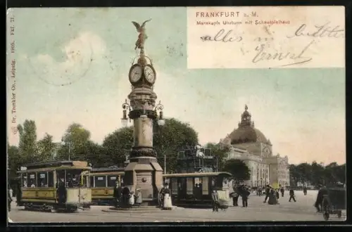 AK Frankfurt am Main, Manskopfs Uhrturm mit Schauspielhaus und Strassenbahnen