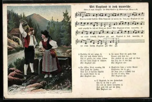 AK Lied, Mei Vogtland is doch wunersche, Mannund Frau in Tracht