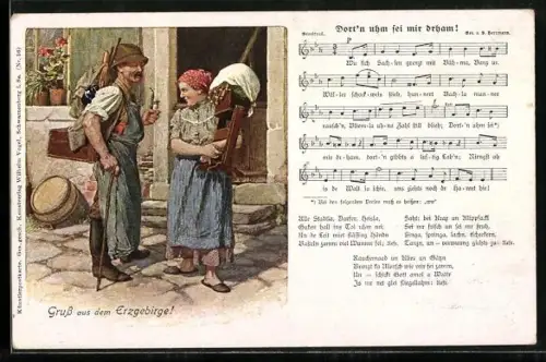 AK Erzgebirge, Lied Nr.16, Dort'n uhm sei mir drham, Frau mit Klöppelmaschine und Mann mit Pfeife