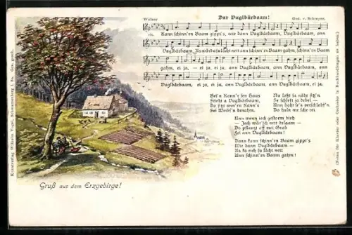 Lied-AK Dar Vuglbärbaam, Landschaftspanorama mit Bauernhof