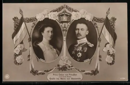 AK Porträts von Prinz Oskar von Preussen in Uniform und seiner Braut Gräfin Ina Marie von Bassewitz
