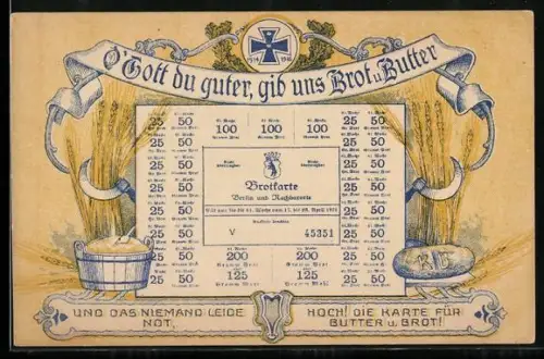 AK O` Gott du guter, gib uns Brot und Butter, Brotkarte Berlin
