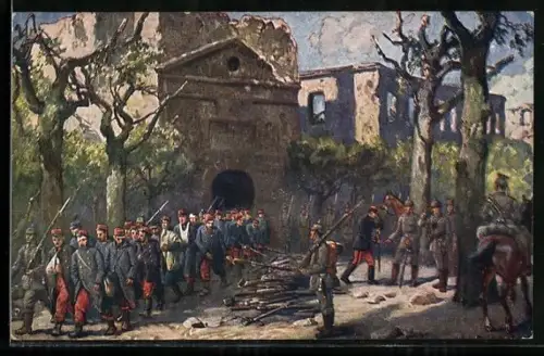 Künstler-AK W. Bürger: Longwy, Gefangennahme der franz. Besatzung durch die Armee des Kronprinz Wilhelm, 1914