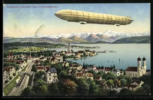 AK Friedrichshafen, Ortsansicht mit Zeppelin über der Stadt