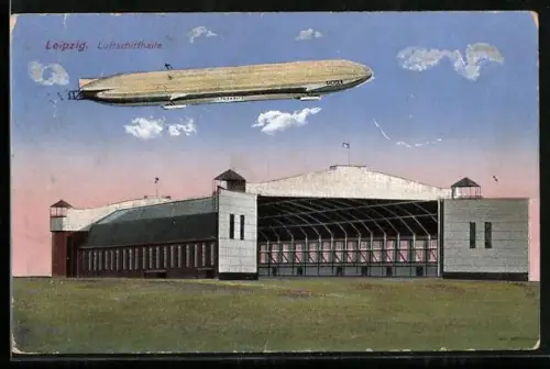 AK Leipzig, Luftschiffhalle mit Luftschiff Sachsen