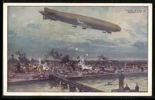 Künstler-AK Hans Rudolf Schulze: das Luftschiff Schütte-Lanz bombardiert Warschau, Zeppelin