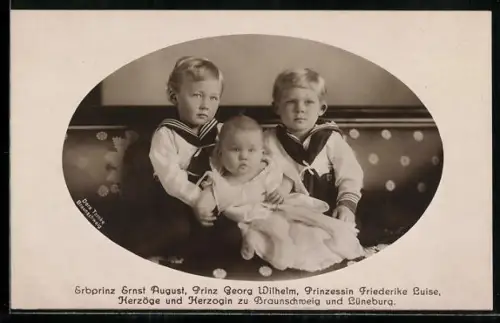 AK Erbprinz Ernst August mit den Geschwistern Prinz Georg Wilhelm und Prinzessin Friederike Luise aus dem Hause von Brau