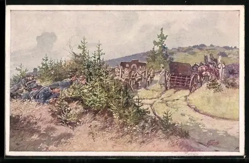 Künstler-AK Rotes Kreuz Nr. 349, Landsturmpatrouille späht feindliche Stellung aus