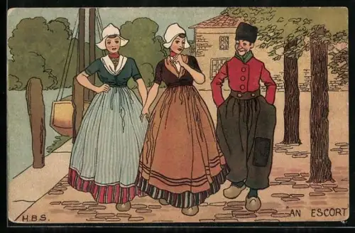 Künstler-AK Holländer mit zwei Frauen in Tracht