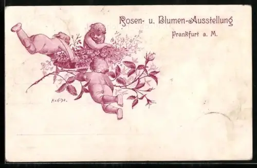 Lithographie Frankfurt a. M., Rosen- und Blumen-Ausstellung, Kinderlein mit Rosen