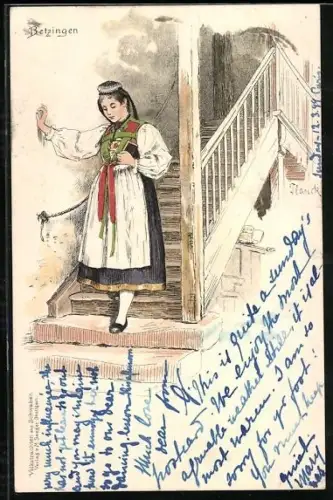 Lithographie Betzingen, junge Frau in schwäbischer Tracht kommt die Treppe herunter