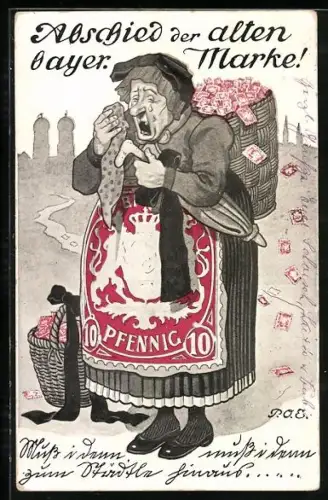 Künstler-AK P.O.Engelhard (P.O.E.): Abschied der alten bayer. Marke, weinende Alte trägt Weidenkorb mit Briefmarken