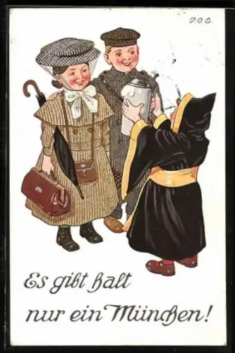 Künstler-AK P. O. Engelhard (P.O.E.): Es gibt halt nur ein München!, Kindl empfängt junges Paar mit Bier