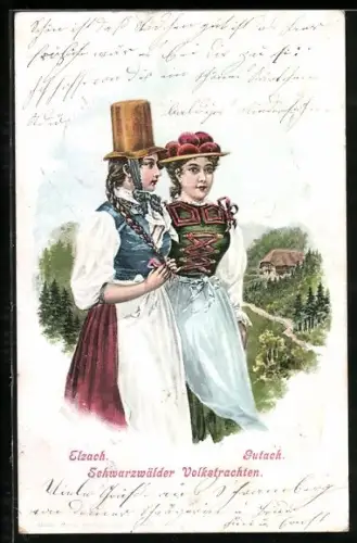 Lithographie Schwarzwälder Volkstrachten - Elzach und Gutach