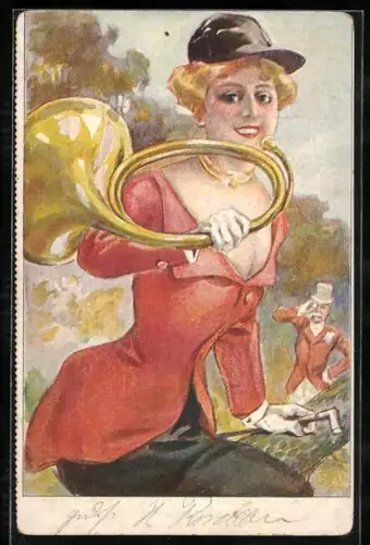 AK Fuchsjagd, junge Frau im Reitanzug mit Jagdhorn