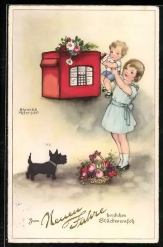 Künstler-AK Hannes Petersen: Mädchen hebt ihren Bruder zum Briefkasten hoch, Neujahr