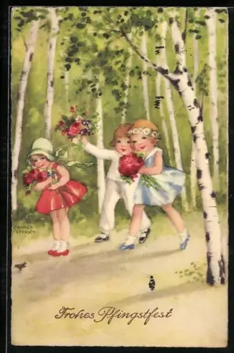 Künstler-AK Hannes Petersen: Junge und zwei Mädchen mit Blumen im Wald