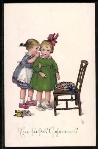 Künstler-AK Lia Döring: Zwei Mädchen mit einem Kuchen, Ein süsses Geheimnis