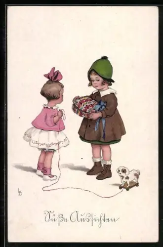 Künstler-AK Lia Döring: Mädchen mit Geschenk und Spielzeughund