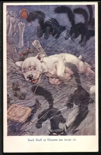 Künstler-AK George Ernest Studdy: Bonzos Träume von Knochen und Katzen