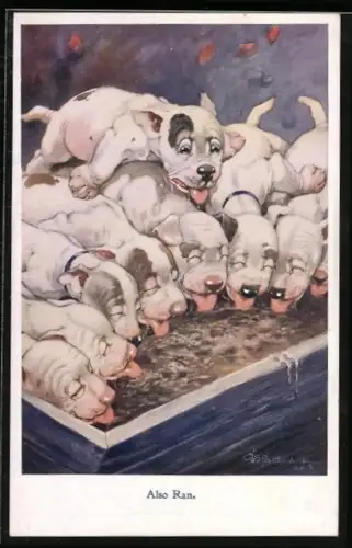 Künstler-AK George Ernest Studdy: Bonzo stürzt sich aufs Essen