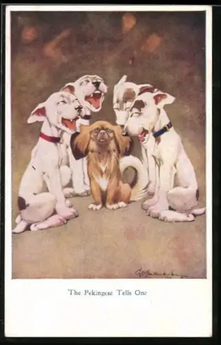 Künstler-AK George Ernest Studdy: Hunde lachen um einen Pekinesen versammelt, The Pekingese Tells One