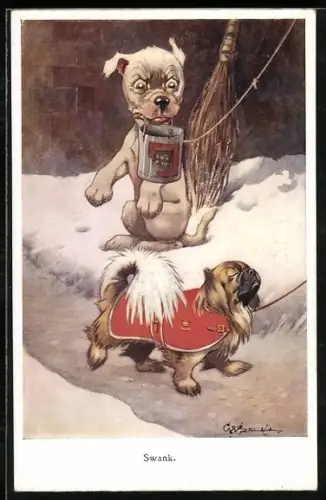 Künstler-AK George Ernest Studdy: Swank, Bonzo mit Eimer im Maul schaut einer Hundedame hinterher
