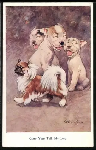 Künstler-AK George Ernest Studdy: Drei Hunde lachen einen hochnäsigen Hund aus, Carry your tail, my lord