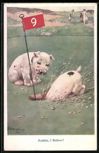Künstler-AK George Ernest Studdy: Bonzo gräbt in einem Golfloch, Rabbits, I Believe?