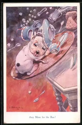 Künstler-AK George Ernest Studdy: Bonzo rutscht mit vollem Tablett einen Tisch herunter, Any more for the Bus?