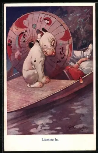 Künstler-AK George Ernest Studdy: Bonzo lauscht hinterm Sonnenschirm auf dem Boot