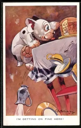 Künstler-AK George Ernest Studdy: Bonzo gierig nach Kuchen auf den Tisch springend