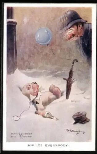 Künstler-AK George Ernest Studdy: Betrunkener Bonzo wird vom Bobby gefunden