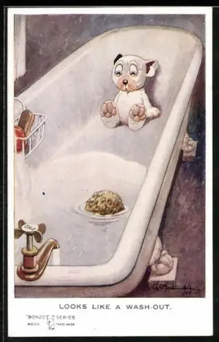 Künstler-AK George Ernest Studdy: Bonzo sitzt in einer Badewanne