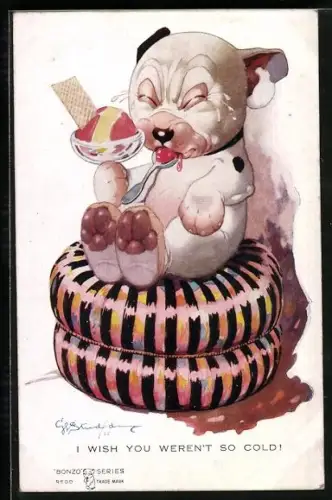 Künstler-AK George Ernest Studdy: Bonzo weint weger kalter Eiscreme
