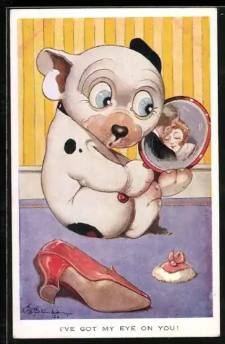 Künstler-AK George Ernest Studdy: Bonzo beobachtet ein Paar im Spiegel