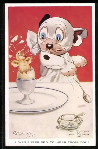 Künstler-AK George Ernest Studdy: I was surprised to hear from your!, Bonzo hat Küken im Ei