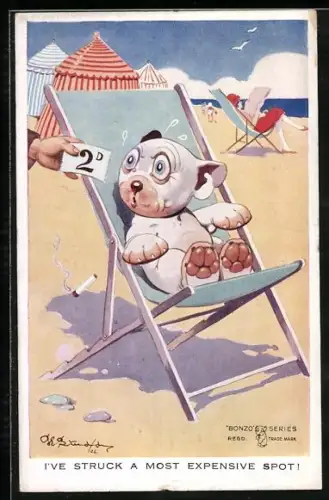 Künstler-AK George Ernest Studdy: Bonzo wird für die Benutzung eines Strandstuhles zur Kasse gebeten