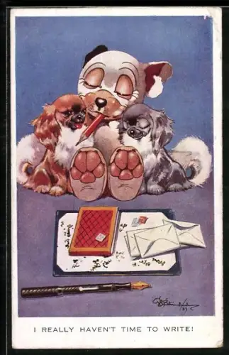 Künstler-AK Keine Zeit zum Schreiben, Bonzo-Hund schmust mit Hündinnen