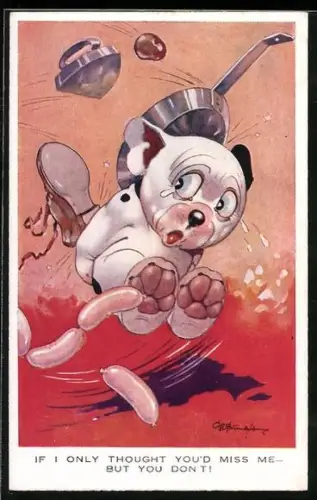 Künstler-AK George Ernest Studdy: Bonzo wird mit Pfanne, Würstchen und Bügeleisen beworfen