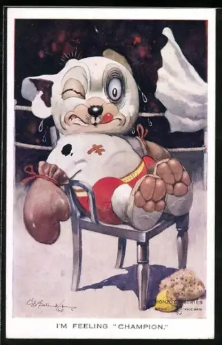 Künstler-AK George Ernest Studdy: Bonzo mit blauem Auge im Boxring