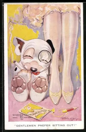 Künstler-AK George Ernest Studdy: Bonzo mit Zigarrette, Gentlemen prefer sitting out