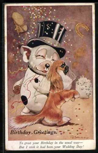 Künstler-AK George Ernest Studdy: Bonzo als Bräutigam mit seiner Braut