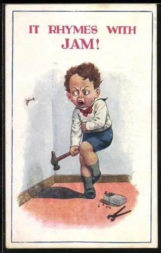 AK Weinender Junge schlägt sich mit dem Hammer auf den Daumen, Scherz