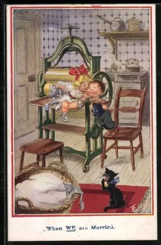 Künstler-AK T. Gilson: When we are married, Mädchen gibt Jungen einen Kuss