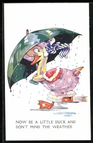 Künstler-AK Agnes Richardson: Now be a little Duck and don`t mind the weater, Ente mit Regenschirm