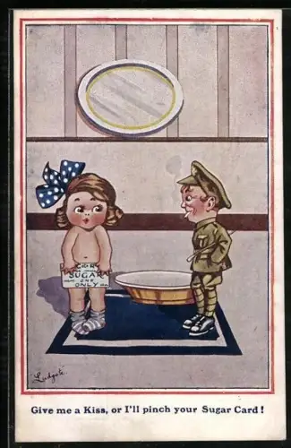 Künstler-AK sign. Ludgate: Junger Soldat betrachtet das nackte Mädchen vor dem Badezuber