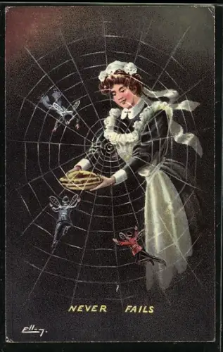 Künstler-AK sign. Ellam: Dienstmädchen versucht Männer mit Flügeln mit Essen ins Netz zu locken, Never Fails