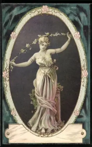 AK Maid mit Blumengirlande in Zierrahmen